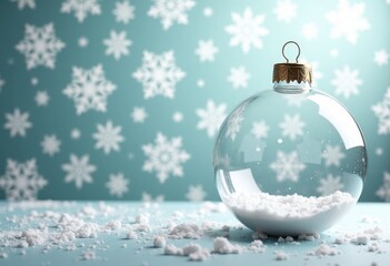 Christmas and New Year blue background with transparent 3d Christmas ball and snow, card template with place for text or your product, template for greeting poster or banner