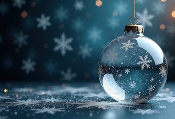 Christmas and New Year blue background with transparent 3d Christmas ball and snowflakes, card template with place for text or your product, template for greeting poster or banner