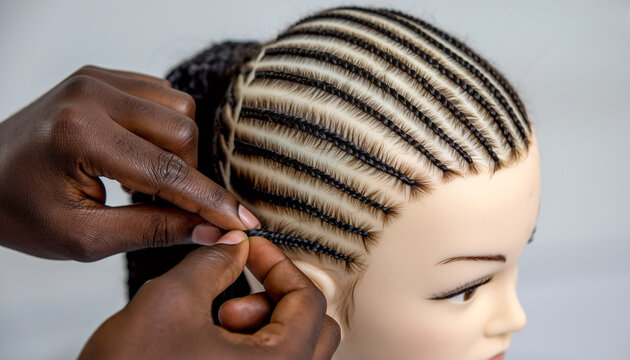 Dark-Skinned Hands Braiding Cornrows on Mannequin Head