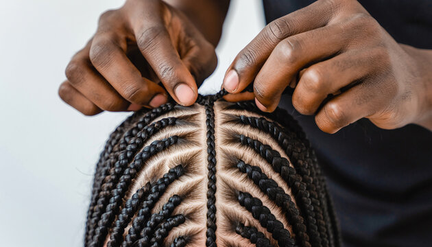 Top View of Hands Braiding Intricate Cornrow Hairstyle