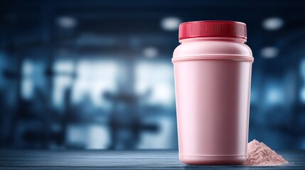 Bright pink container filled with protein powder sits on a wooden surface in a gym. Surrounding equipment hints at a serious fitness atmosphere, inspiring athletes to nourish their bodies