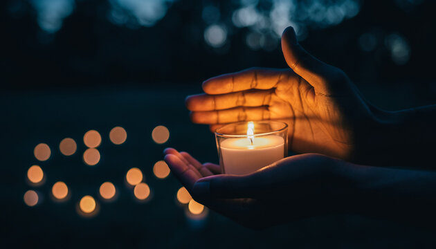 Hands Holding Lit Candle at Night Vigil with Bokeh Background