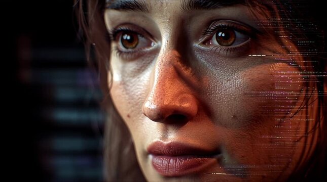 artistic portrait human face, neutral expression, time-displacement glitch effect, facial features slightly multiple timelines, micro RGB separation, temporal echoes organic glitch minimal background