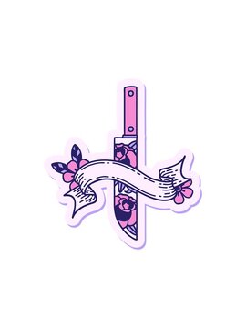 popping motion animation of tattoo style sticker with banner of a dagger and flowers
