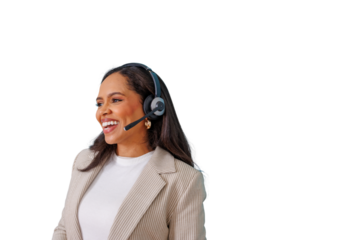 Smiling call center agent wearing headset providing excellent customer service, cheerful support, and sales assistance