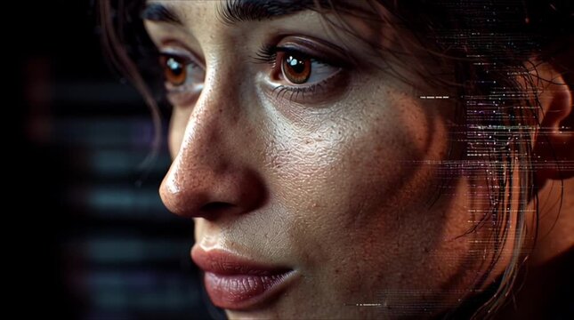 artistic portrait human face, neutral expression, time-displacement glitch effect, facial features slightly multiple timelines, micro RGB separation, temporal echoes organic glitch minimal background