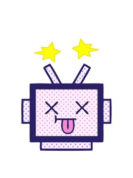 spinning stars animation of comic book style cartoon of a robot head