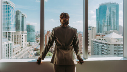 African American Businesswoman Looking at City Skyline from Office