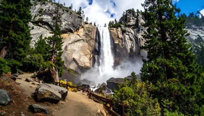 Cascading waterfall amidst granite cliffs and lush greenery under a cloudy sky, viewed from a hiking path