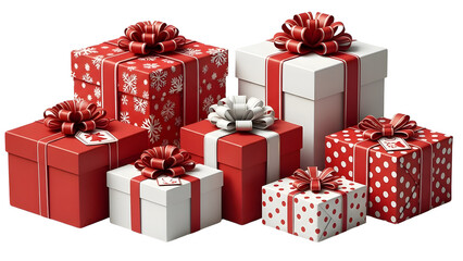 A collection of beautifully wrapped christmas presents in red and white with bows on isolated