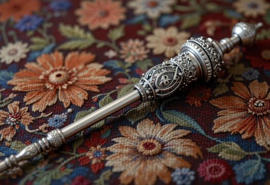 Antique silver dagger on a colorful floral background. Close-up. Generative AI Antique silver dagger on a colorful floral
