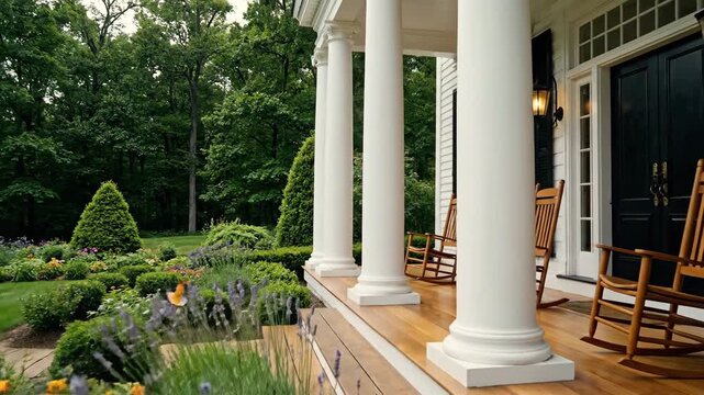 Classic American colonial porch featuring white columns and pillars, lush garden leading into forest backdrop, charming residential architecture, cinematic 4K HD video
