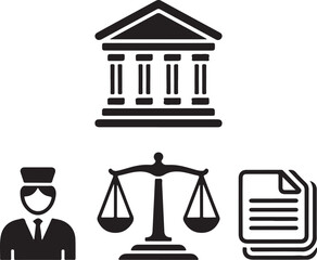 Law and justice symbols including building police officer scales and documents