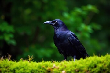 Fototapeta premium black crow on the moss in the forest, panoramic view AI Generated black crow on the moss in the forest, panoramic view AI