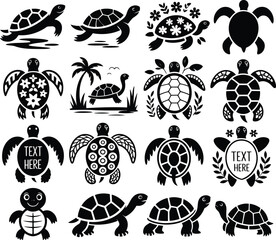 Collection of cute turtle illustrations in black and white