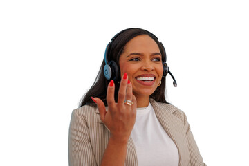 Smiling woman agent wearing headset providing customer service and support, offering help on transparent background