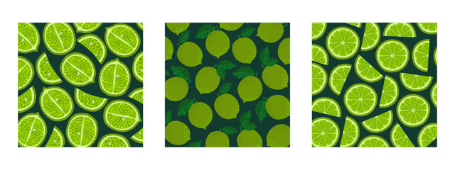 Set of botanical backgrounds featuring various whole limes, halves, and slices. Ideal for summer sales, organic product ads, juice packaging, kitchen elements, wallpapers, posters, or other designs.