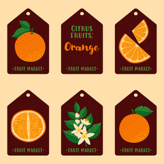 Set of fruit market tags with oranges. Includes whole fruits, slices, and blossoms on dark labels. Ideal for organic product packaging, gift tags, farmers' market goods, and eco-friendly food branding