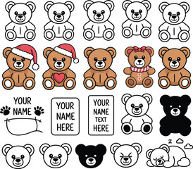Cute teddy bears in various poses and colors for kids