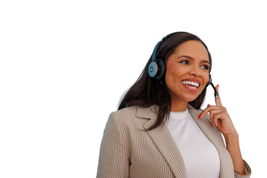 Smiling customer service representative wearing headset, helping clients and talking, providing online support with transparent background - Powered by Adobe