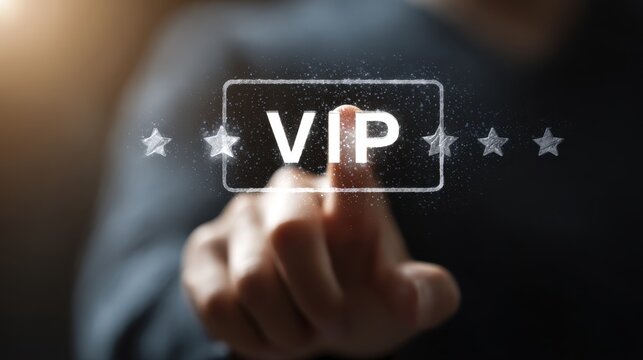 Close-up of a finger touching a glowing VIP text with stars on a digital interface