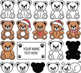 Cute teddy bear illustrations in various poses and colors for design