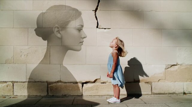 Video of little girl next next to light wall looking on silhouette shadow of her mother's head missing her mum and dreaming to see her again.Slow motion.AI Generative.