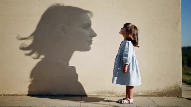 Video of little girl next next to light wall looking on silhouette shadow of her mother's head missing her mum and dreaming to see her again.Slow motion.AI Generative.