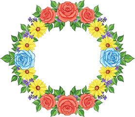 Fototapeta premium Floral wreath, colorful flowers, green leaves, circular frame, red roses, yellow daisies, purple blossoms, botanical design, decorative art, nature