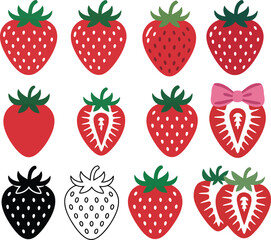Variety of colorful strawberry icons in different styles and colors