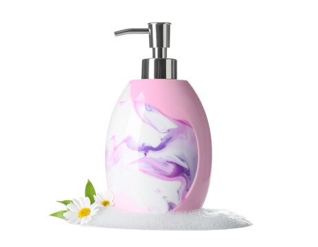Pink floral shower gel bottle with pump on white