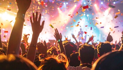 Cheering crowd with raised hands under bright lights and confetti at a vibrant event