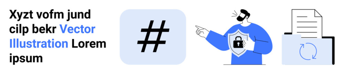 Fototapeta premium User pointing at secure shield, lock symbol on chest, metadata tag, document with sync icon. Ideal for cybersecurity, data protection, encryption, privacy awareness, online safety tech blogs simple