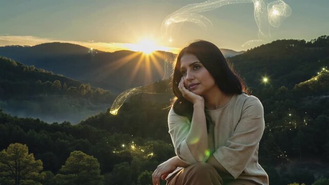 Video of beautiful natural beauty woman with eyes closed dreaming and her head resting on the palm of one hand clear silhouette and calm panorama with forest and evening sun.Music relaxing concept sce