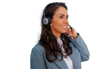 Smiling woman agent working in call center, providing customer service and friendly online support, transparent background