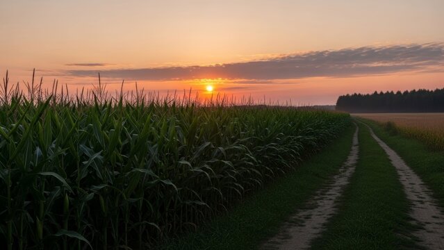 Serene rural sunset over lush green cornfield and dirt path in tranquility