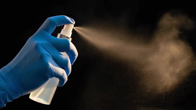 Hand spray bottle producing mist with a background of black for stylish cleaning or disinfecting images