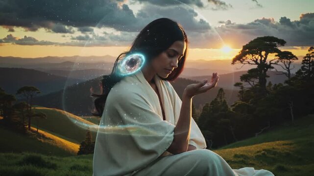 Video of beautiful natural beauty woman with eyes closed dreaming and her head resting on the palm of one hand clear silhouette and calm panorama with forest and evening sun.Music relaxing concept sce