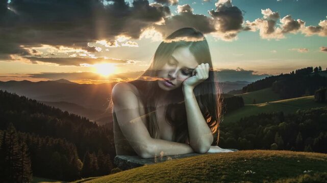 Video of beautiful natural beauty woman with eyes closed dreaming and her head resting on the palm of one hand clear silhouette and calm panorama with forest and evening sun.Music relaxing concept sce