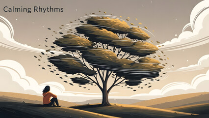 A person peacefully sitting under a tree, contemplating nature in a serene landscape. A captivating artwork displaying the beauty of nature