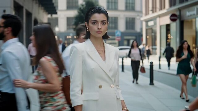 Video of young woman wearing designer clothing and stands in middle of frame and busy crowd rushing on fast motion background.Zoom in.AI Generative.
