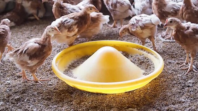 The chicken is eating food in the farm.