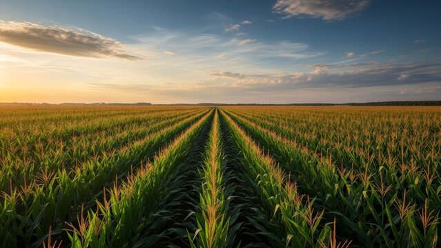 Expansive green crop field under a vibrant sunset sky with dramatic clouds