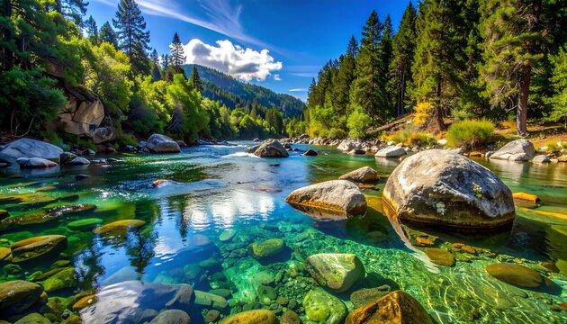 Clear, shimmering river flowing through a forested valley, rocks beneath the surface visible in the sunlight - Powered by Adobe