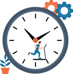 Man running on treadmill inside large clock with gears and plant