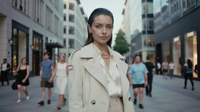 Video of beautiful fashionable woman standing in city street center during rushing hour with busy crowd ignores her on background.Slow moton.AI Generative.