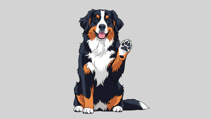 A friendly and happy Bernese Mountain Dog is sitting and waving one paw in a cute greeting on a solid grey background.