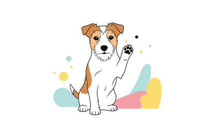 Friendly Jack Russell Terrier dog sitting and waving its paw in a cute greeting gesture, with colorful abstract shapes behind.