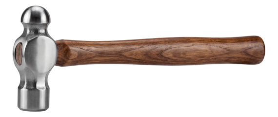 Polished steel ball-peen hammer with a wooden handle for metalworking tasks.
