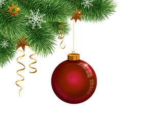 Red Christmas glass ball hanging from a pine branch, isolated .